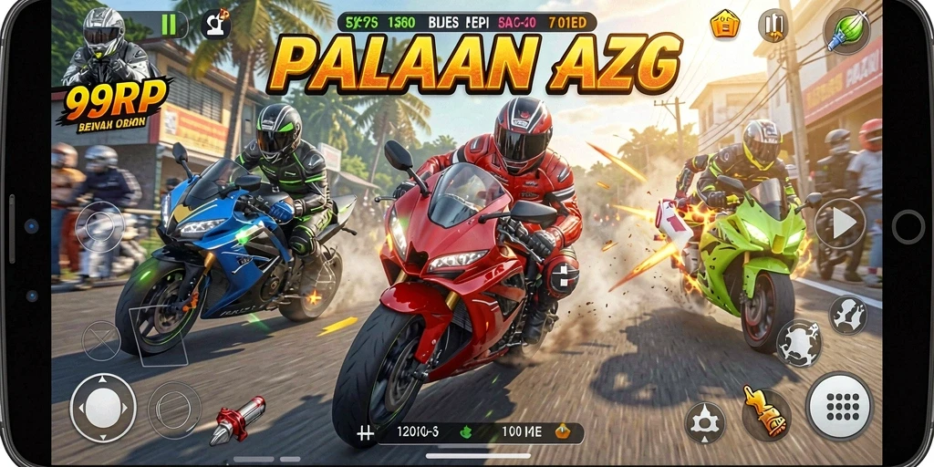 Screenshot dari gameplay 99RP menampilkan aksi balapan motor yang seru.