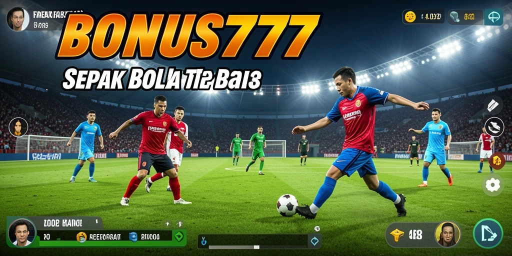Screenshot game BONUS777 menampilkan aksi seru di lapangan sepak bola.