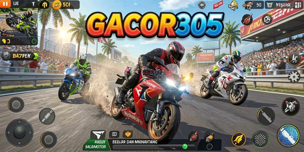 Tampilkan gameplay seru GACOR305 dengan balapan motor yang mendebarkan.