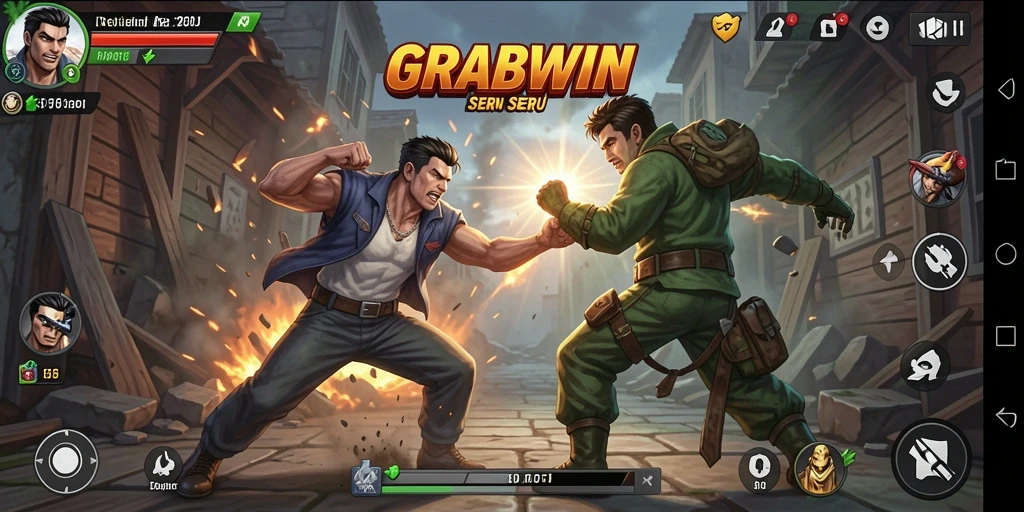 Screenshot menggambarkan pertarungan intens di arena GRABWIN.