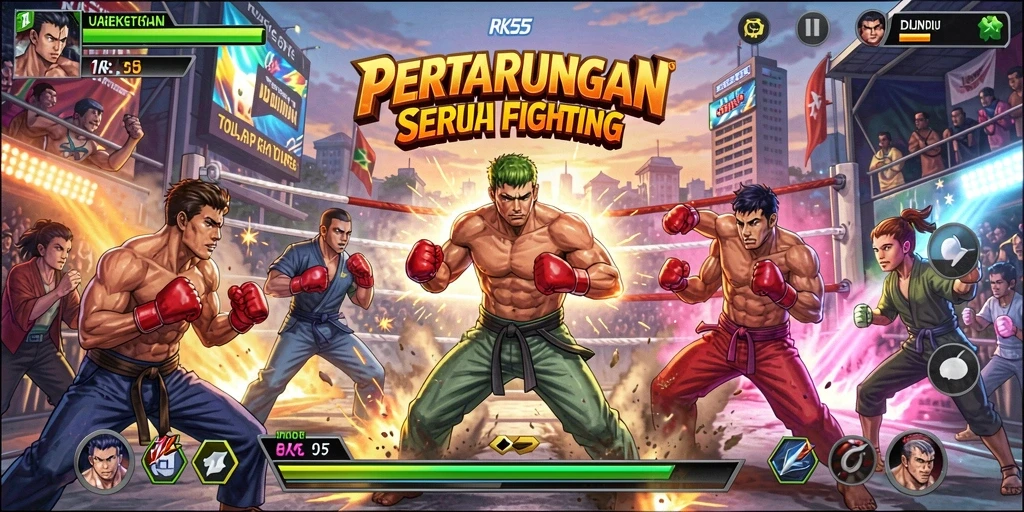 Screenshot gameplay RK55 menampilkan pertarungan seru dan dinamis.